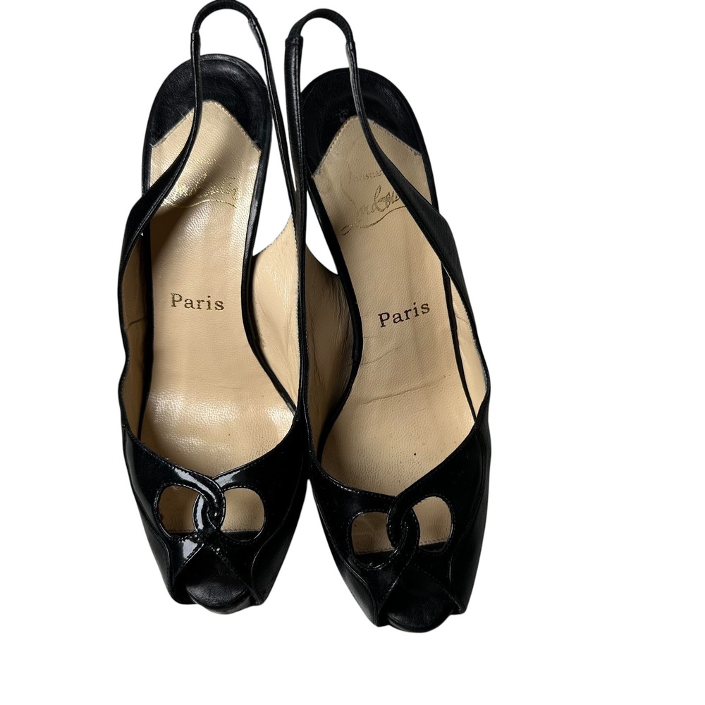 Christian Louboutin Black Leather Slingback Peep Toe Heels 37.5 Red Bottom Pumps